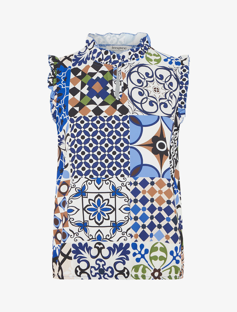 Top satiné sans manches motif patchwork et volants - Bleu - 1