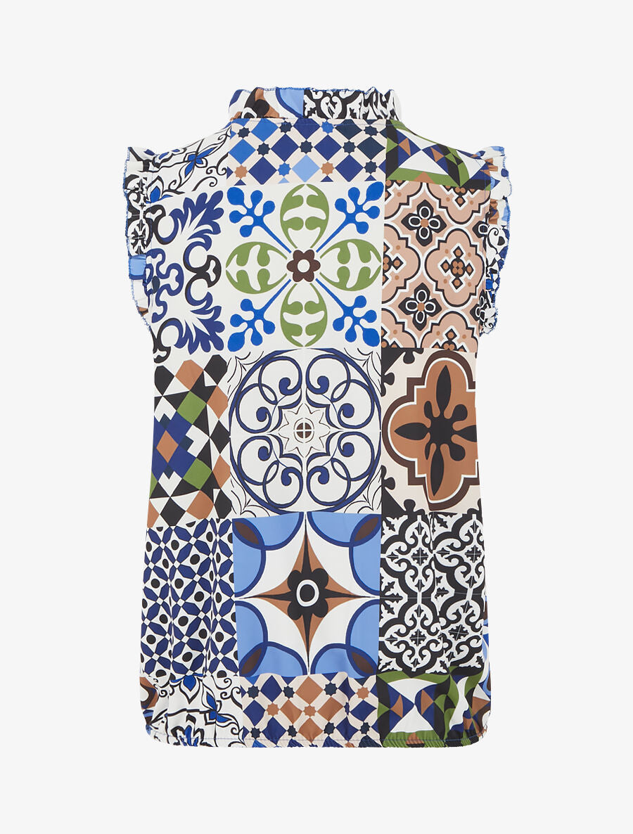 Top satiné sans manches motif patchwork et volants - Bleu - 2