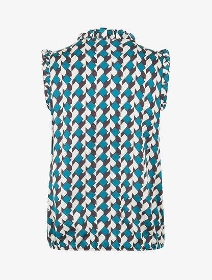 Top satiné sans manches motif graphique et volants - Bleu canard - 2