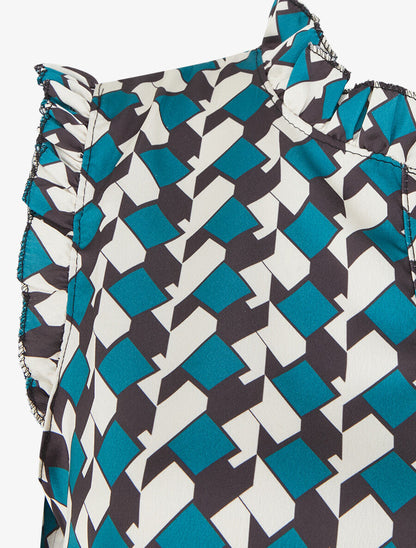 Top satiné sans manches motif graphique et volants - Bleu canard - 3