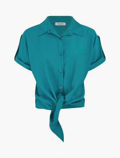 Blouse effet lin à noeud - Bleu canard - 1