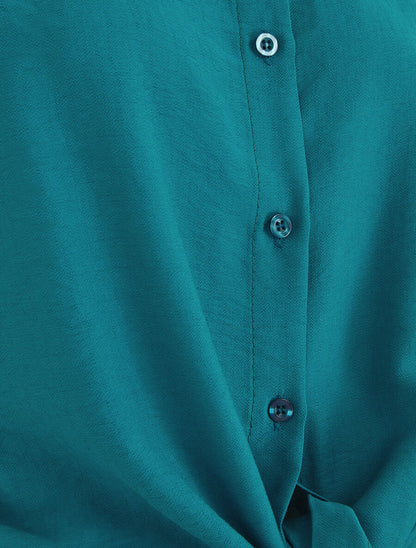 Blouse effet lin à noeud - Bleu canard - 3