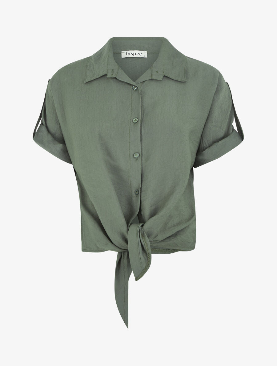 Blouse effet lin à noeud - Kaki - 4