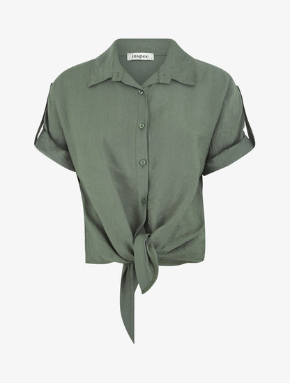 Blouse effet lin à noeud - Kaki - 4