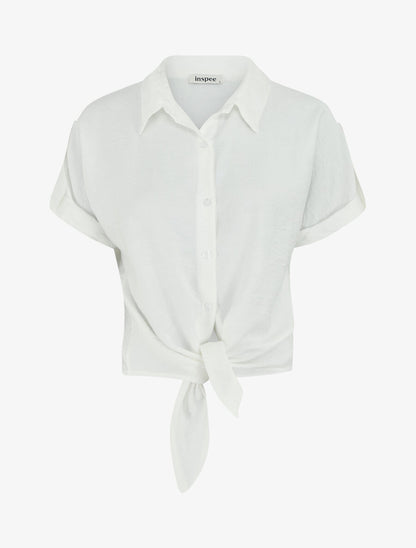 Blouse effet lin à noeud - Blanc - 4