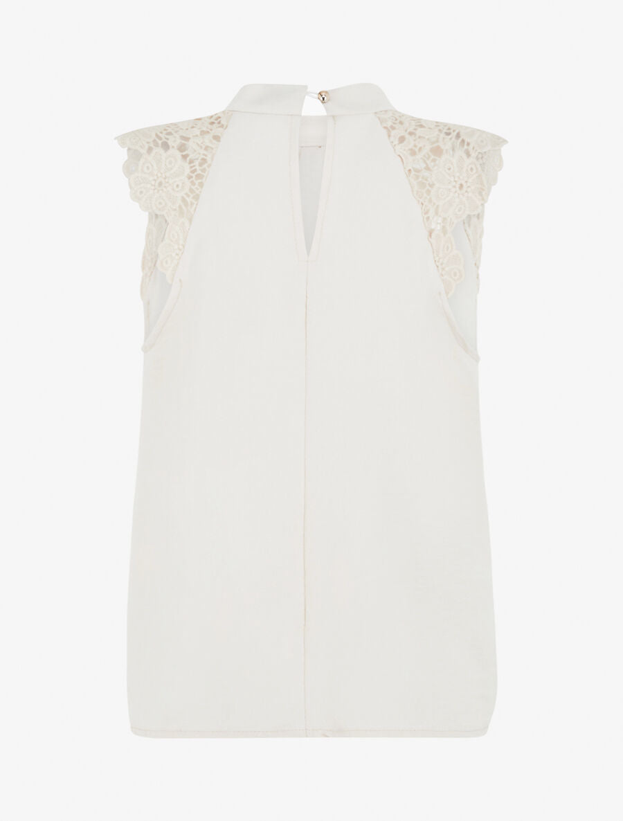 Top uni à manches courtes brodées - Beige - 2