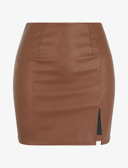 Mini-jupe fendue en simili - Marron - 1