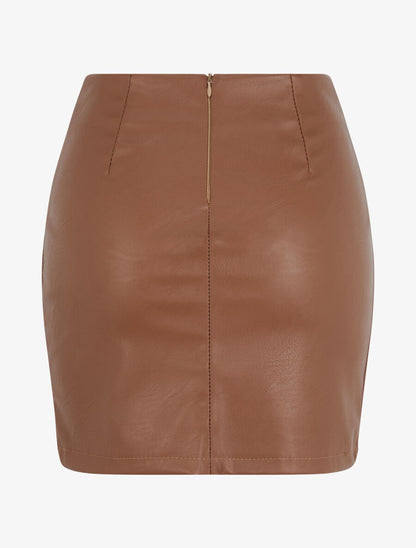 Mini-jupe fendue en simili - Marron - 2