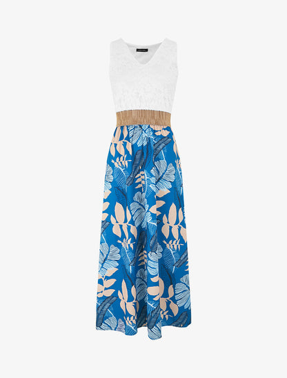 Robe longue bi-matière imprimé feuilles - Bleu azur - 5