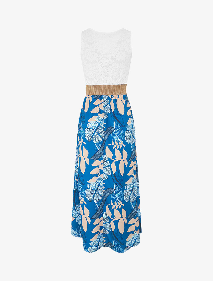 Robe longue bi-matière imprimé feuilles - Bleu azur - 2