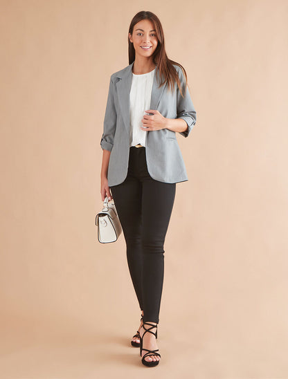 Blazer mi-long à manches à revers - Gris - 4