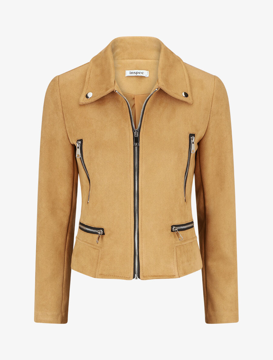 Veste en suédine à zips décoratifs - Camel - 1