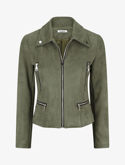 Veste en suédine à zips décoratifs - Kaki - 4