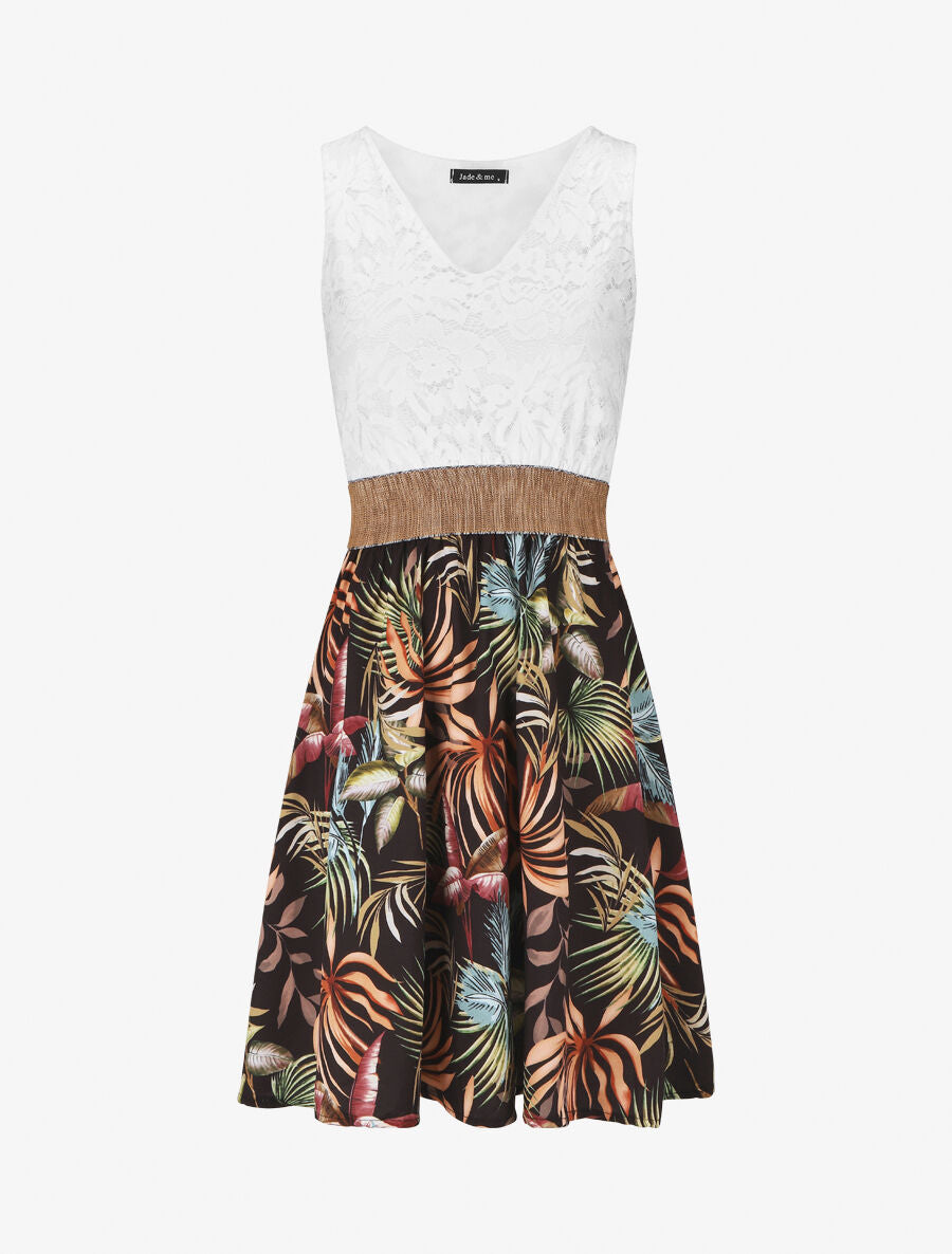 Robe bi-matière imprimé tropical - Noir - 6