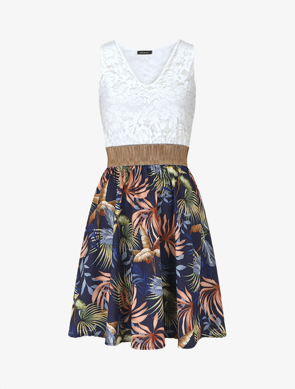 Robe bi-matière imprimé tropical - Marine - 1