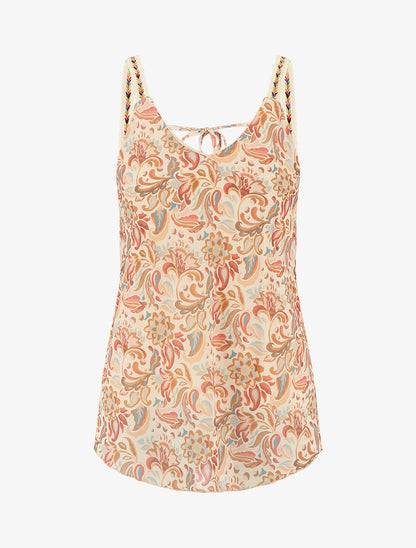 Débardeur motif fleuri et bretelles fantaisies - Beige - 1