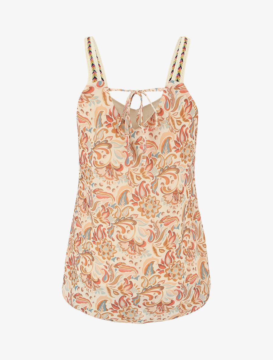 Débardeur motif fleuri et bretelles fantaisies - Beige - 2