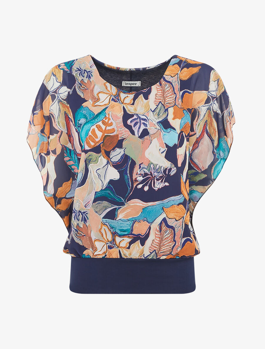 Blouse imprimé feuilles à manches volantées - Marine - 6