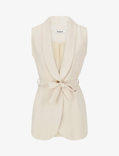 Blazer long uni sans manches - Beige - 4