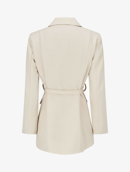 Blazer long uni ceinturé - Beige - 2