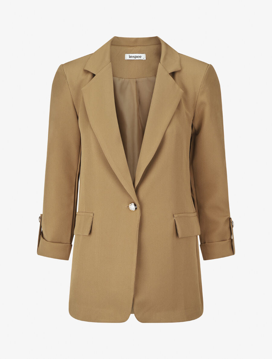 Blazer mi-long uni boutonné - Camel - 5