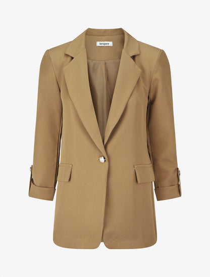 Blazer mi-long uni boutonné - Camel - 5