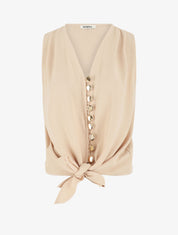 Top à fermeture boutonnée et liens à nouer - Beige - 4