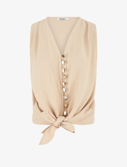 Top à fermeture boutonnée et liens à nouer - Beige - 4