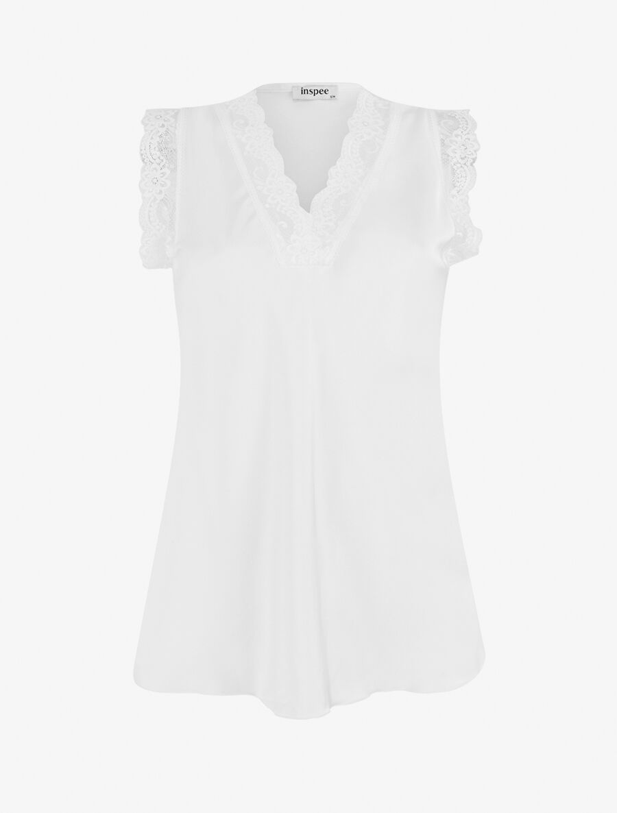 Top satiné à détail dentelle - Blanc - 4