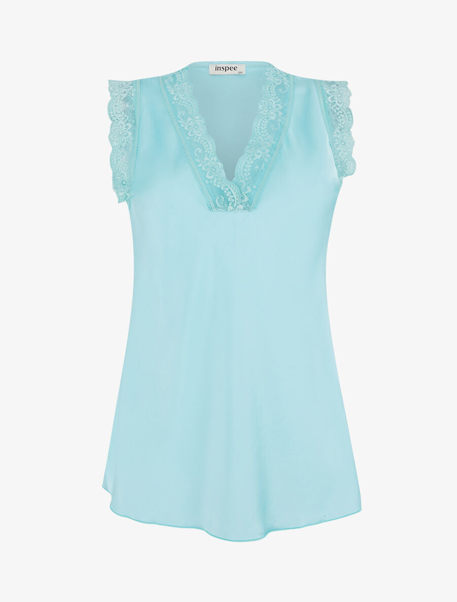 Top satiné à détail dentelle - Turquoise - 4