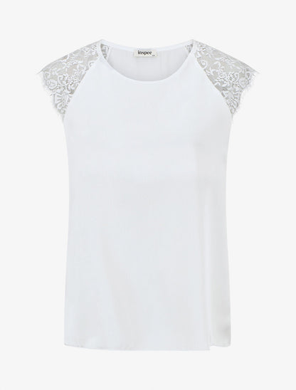 Top satiné à dentelle - Blanc - 4