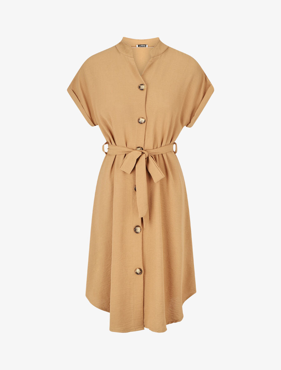 Robe chemise unie ceinturée - Camel - 1