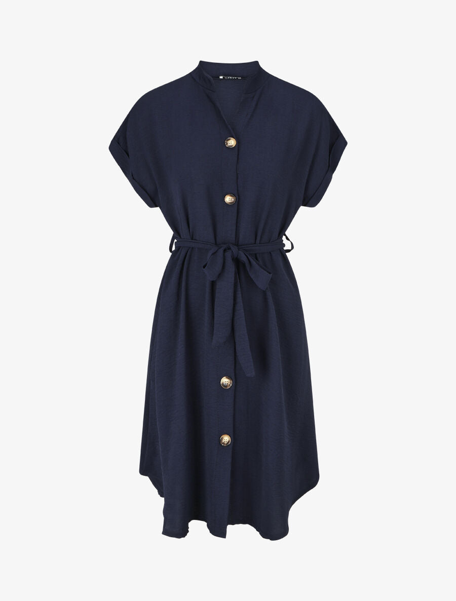 Robe chemise unie ceinturée - Marine - 4