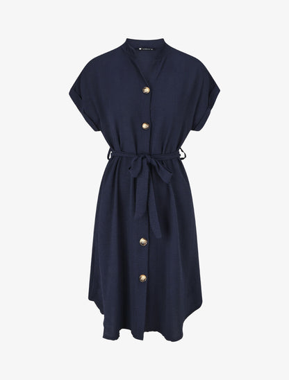 Robe chemise unie ceinturée - Marine - 4