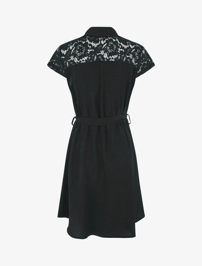 Robe mi-longue unie à empiècement dentelle - Noir - 2