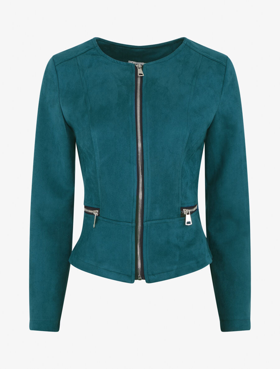 Veste en suédine à zips décoratifs - Bleu canard - 1