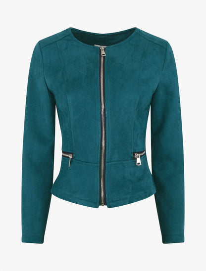 Veste en suédine à zips décoratifs - Bleu canard - 1