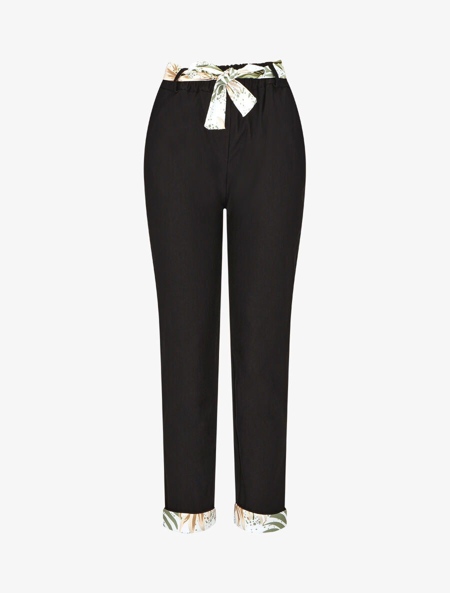 Pantalon droit taille haute ourlet fantaisie - Noir - 1