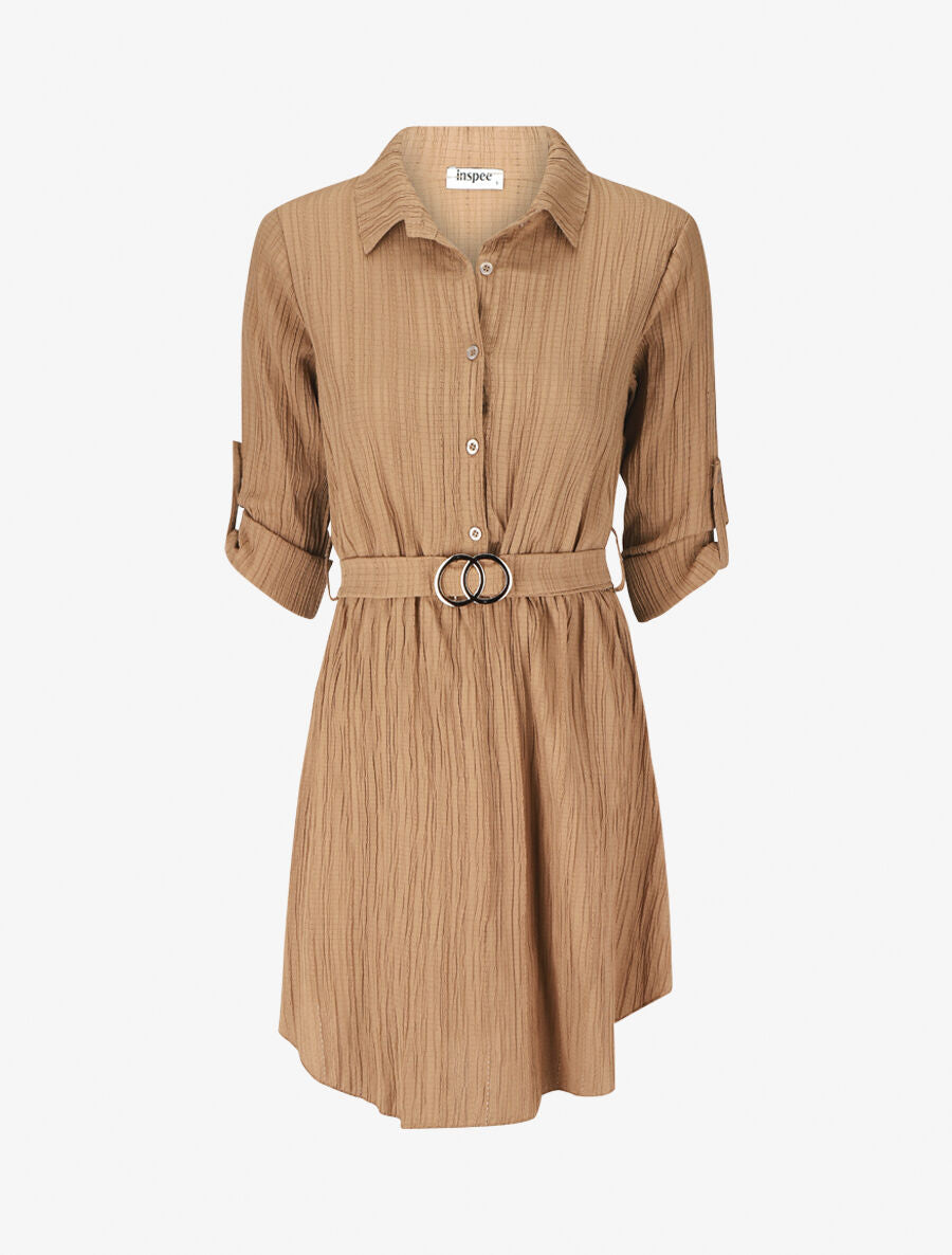Robe chemise mi-longue texturée - Camel - 4