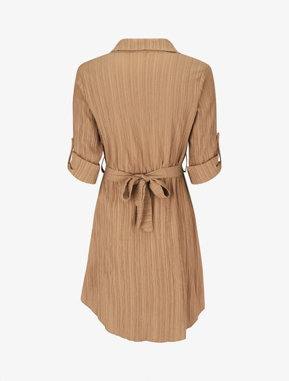 Robe chemise mi-longue texturée - Camel - 2