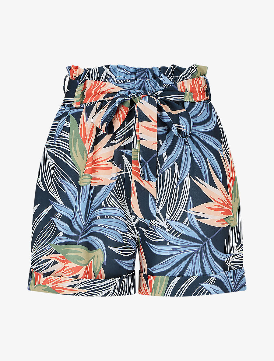 Short élastiqué imprimé feuillage - Bleu - 2