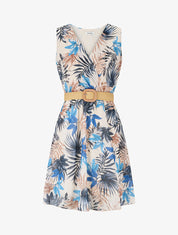 Robe élastiquée à imprimé feuillage - Bleu - 1
