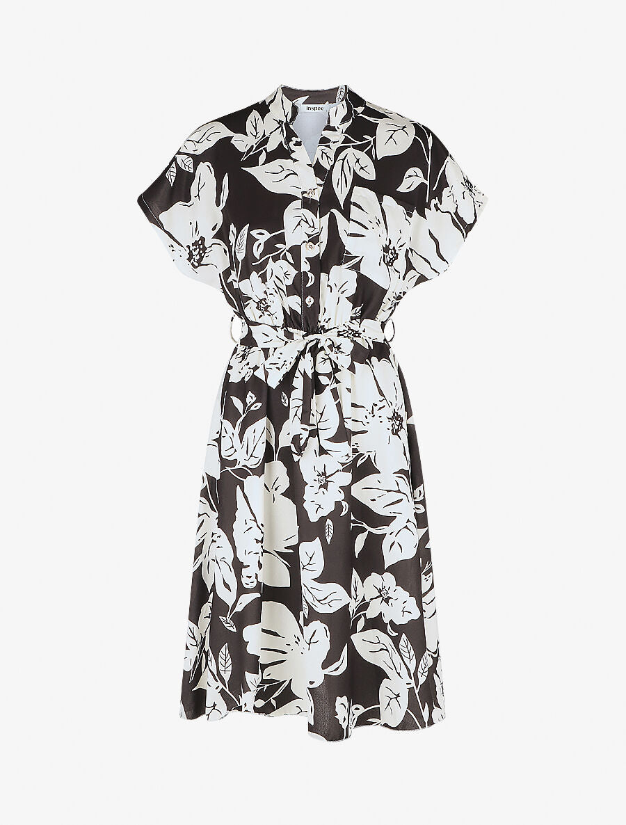 Robe longue élastiquée imprimé feuilles - Noir - 1