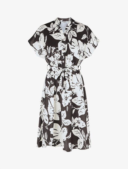 Robe longue élastiquée imprimé feuilles - Noir - 1