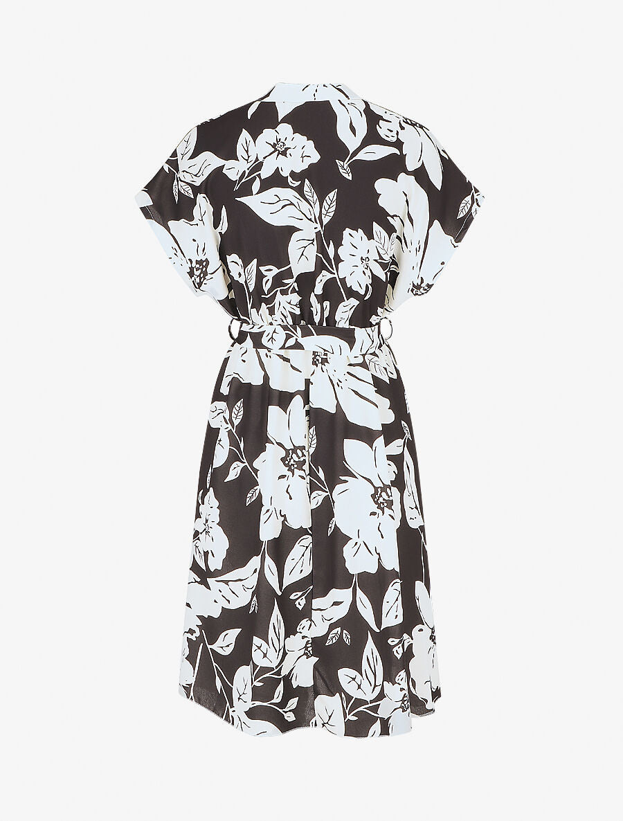 Robe longue élastiquée imprimé feuilles - Noir - 2