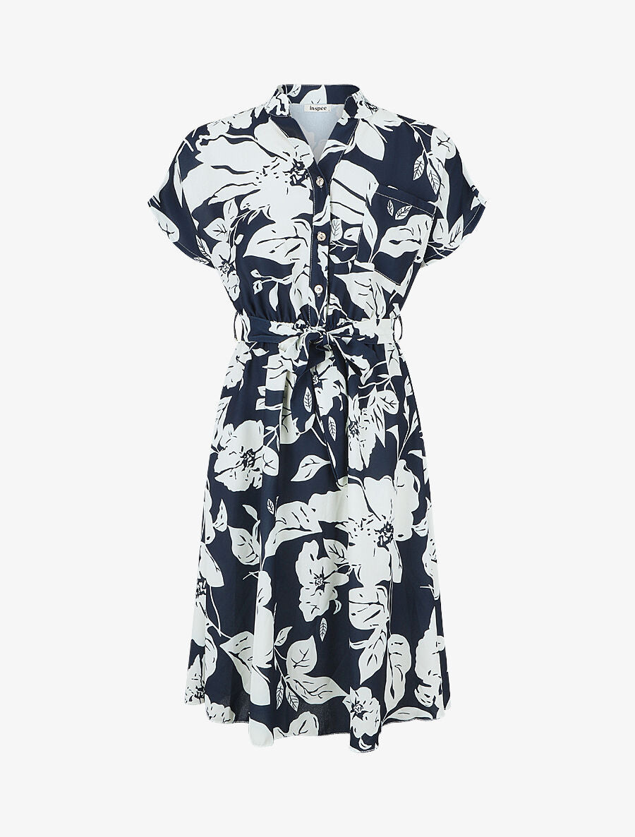 Robe longue élastiquée imprimé feuilles - Marine - 1