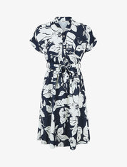 Robe longue élastiquée imprimé feuilles - Marine - 1