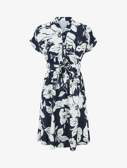 Robe longue élastiquée imprimé feuilles - Marine - 1
