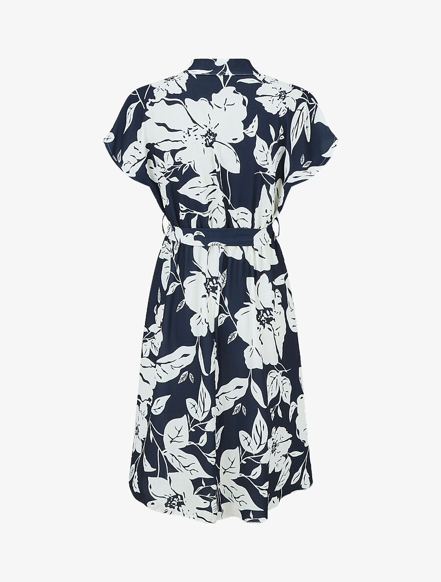 Robe longue élastiquée imprimé feuilles - Marine - 2