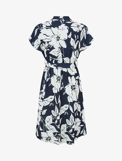 Robe longue élastiquée imprimé feuilles - Marine - 2
